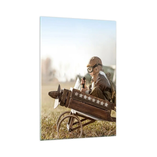 Cuadro sobre vidrio - Impresiones sobre Vidrio - Un niño en un avión de juguete con un campo al fondo. - 80x120cm - Despegue hacia un sueño - Decoración de pared moderna para salón y dormitorio ARTTOR
