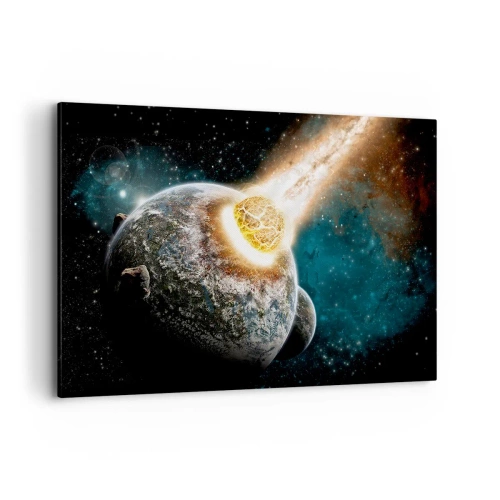 Cuadro sobre lienzo - Impresión de Imagen - Colisión cósmica de un planeta con un asteroide en las proximidades de la galaxia. - 120x80cm - ¿Condena o nacimiento? - Decoración de pared moderna para salón y dormitorio ARTTOR
