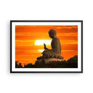 Póster en marco negro - Una estatua budista con el telón de fondo de una puesta de sol naranja. - 70x50cm - Sin miedo al mundo - Decoración de pared moderna para salón y dormitorio ARTTOR