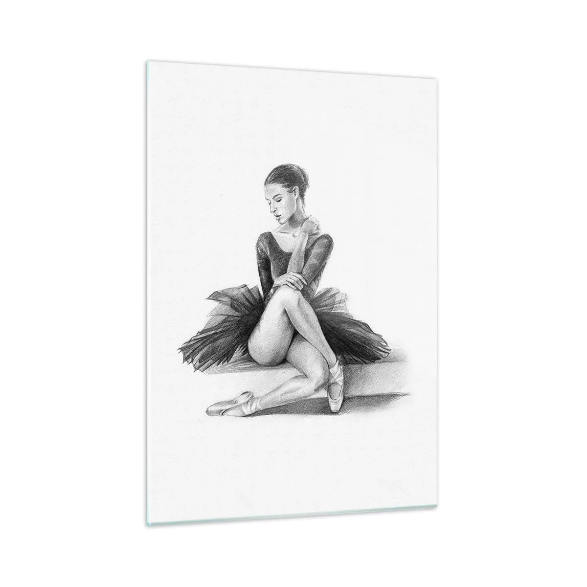 Cuadro sobre vidrio - Impresiones sobre Vidrio - Boceto de una bailarina con un vestido negro en una pose pensativa. - 50x70cm - Amante de la danza - Decoración de pared moderna para salón y dormitorio ARTTOR