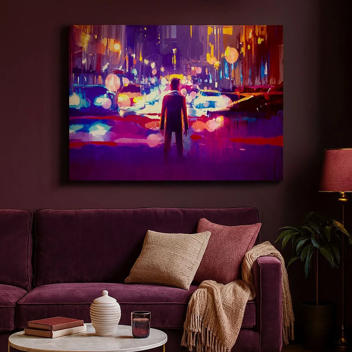 Cuadro sobre lienzo - Impresión de Imagen - Un hombre en una escena nocturna de la ciudad de neón. - 70x50cm - Inmerso en la luz - Decoración de pared moderna para salón y dormitorio ARTTOR