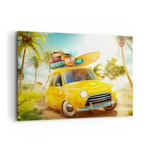 Cuadro sobre lienzo - Impresión de Imagen - Un coche amarillo con equipaje frente a un paisaje tropical. - 120x80cm - Un viaje para más de una sonrisa - Decoración de pared moderna para salón y dormitorio ARTTOR