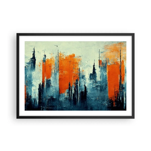 Póster en marco negro - Paisaje urbano abstracto en tonos naranja y azul. - 70x50cm - Paisaje moderno - Decoración de pared moderna para salón y dormitorio ARTTOR