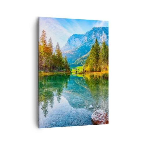 Cuadro sobre lienzo - Impresión de Imagen - Un pintoresco lago rodeado de montañas y bosques. - 50x70cm - La dulzura del otoño - Decoración de pared moderna para salón y dormitorio ARTTOR