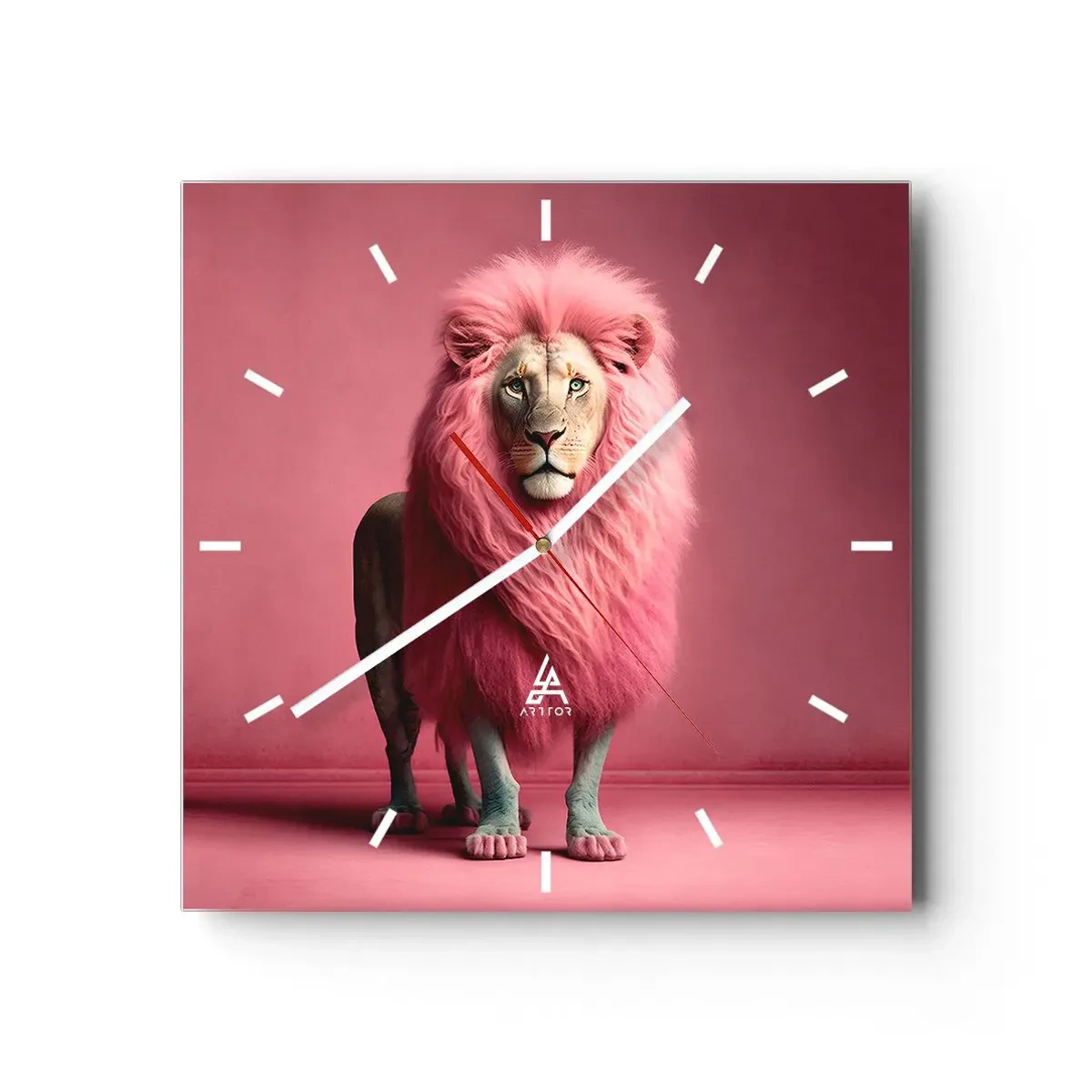 Reloj de pared - Reloj de vidrio - Un león artísticamente representado con una melena rosa sobre un fondo rosa. - 30x30cm - Y ya no me tienes miedo - Decoración de pared moderna para salón y dormitorio ARTTOR