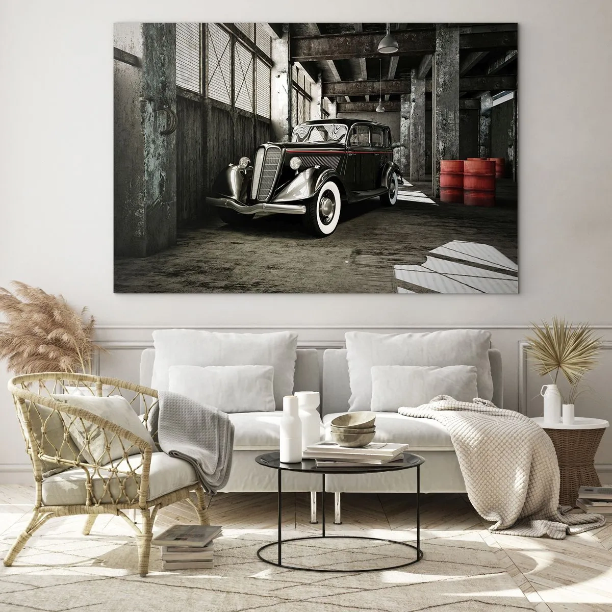 Cuadro sobre vidrio - Impresiones sobre Vidrio - Un coche clásico en un garaje con estilo - 100x70cm - La elegancia perdurable de los años 30. - Decoración de pared moderna para salón y dormitorio ARTTOR