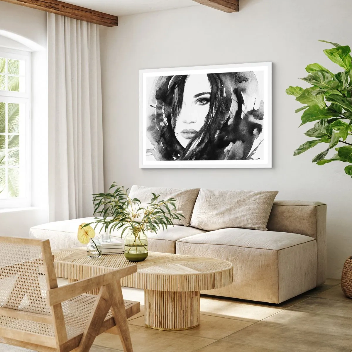 Póster en marco blanco - Retrato de una dama en blanco y negro - 91x61 cm