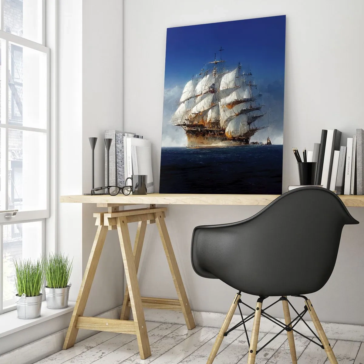 Cuadro sobre vidrio - Impresiones sobre Vidrio - Un velero en alta mar en medio de la niebla marina. - 50x70cm - La gran gloria - Decoración de pared moderna para salón y dormitorio ARTTOR