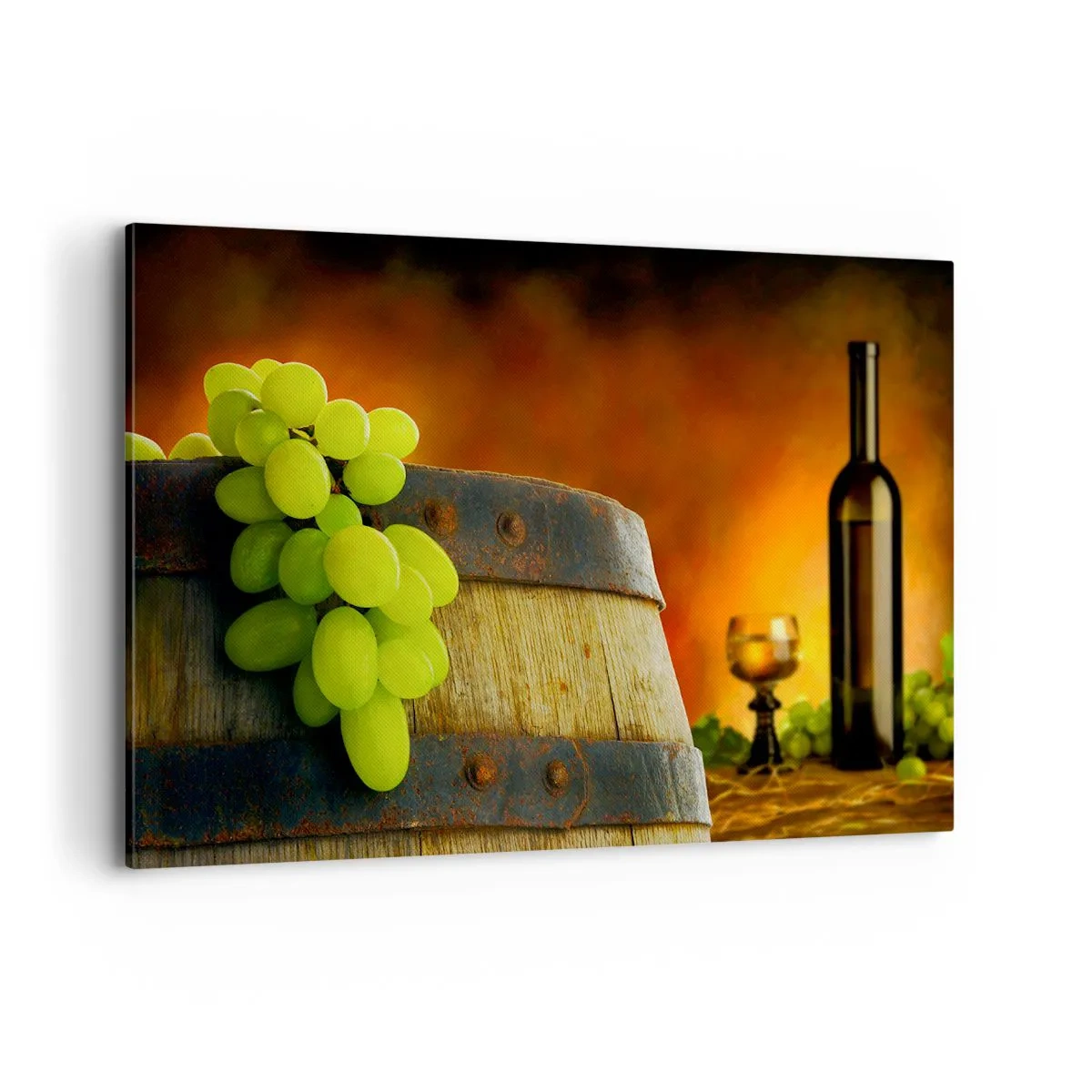 Cuadro sobre lienzo - Impresión de Imagen - Uvas en un barril de vino con un esquema de colores cálidos en el fondo. - 120x80cm - Bodegón con botella de vino y racimo de uvas - Decoración de pared moderna para salón y dormitorio ARTTOR
