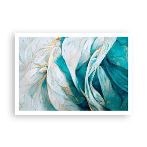 Póster - Hojas azules abstractas con detalles dorados - 100x70cm - Abstracción azul con motivos dorados - Decoración de pared moderna para salón y dormitorio ARTTOR