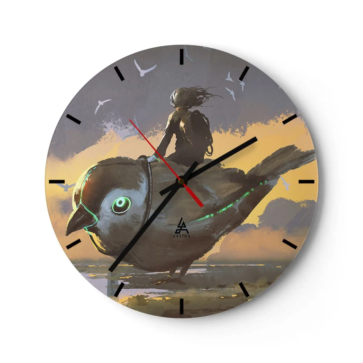 Reloj de pared - Reloj de vidrio - Una figura de un pájaro mecánico en un paisaje de fantasía. - 30x30cm - Una parada en un viaje fantástico - Decoración de pared moderna para salón, cocina y dormitorio ARTTOR