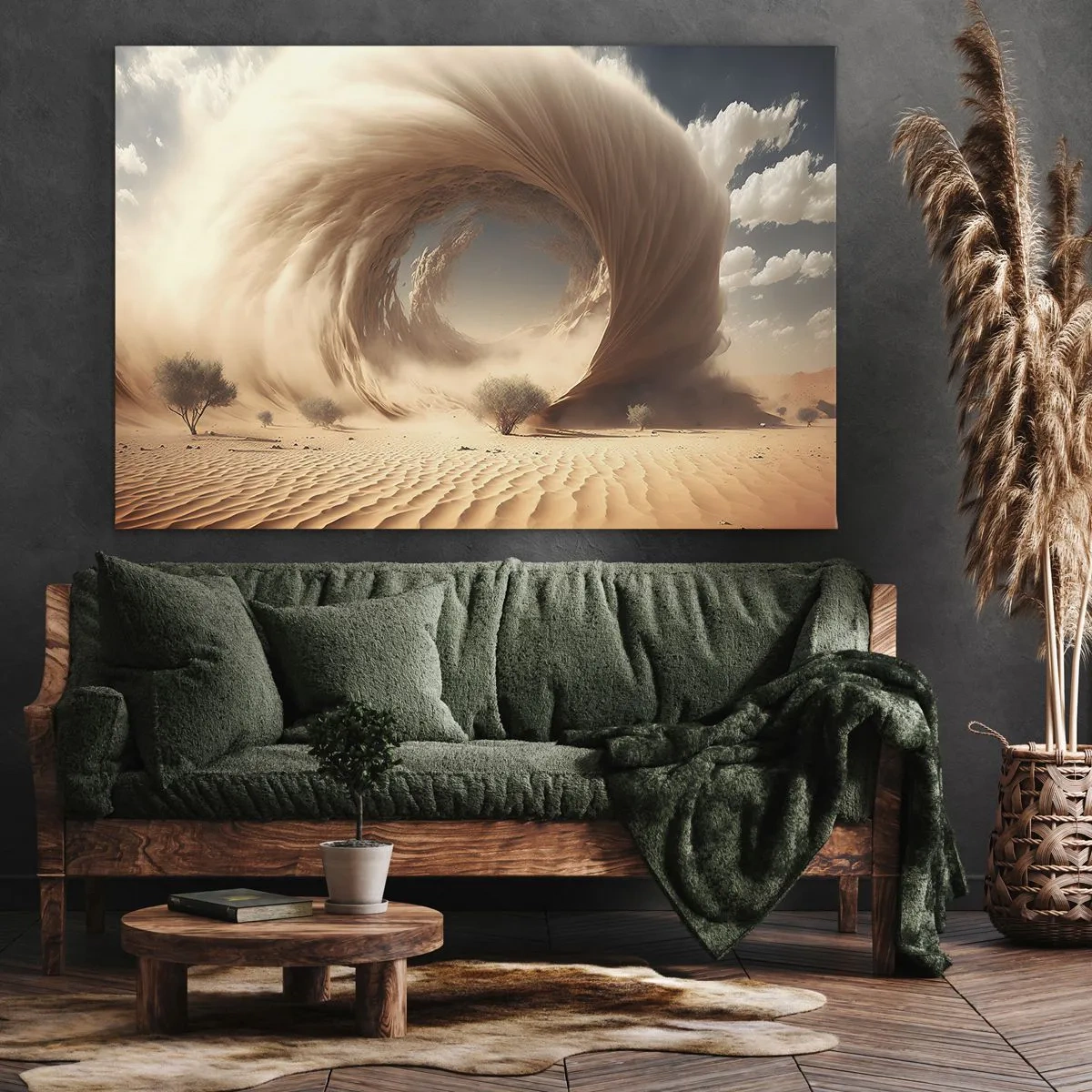 Cuadro sobre lienzo - Impresión de Imagen - Remolino de arena dinámico en un desierto con árboles - 70x50cm - Portal abierto - Decoración de pared moderna para salón y dormitorio ARTTOR