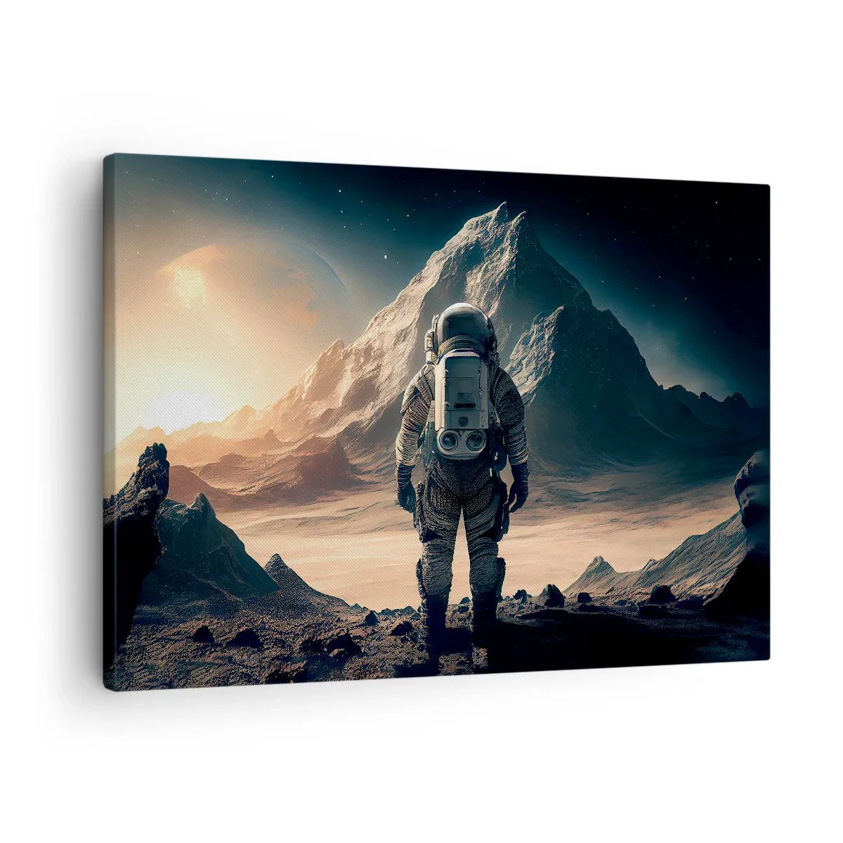 Cuadro sobre lienzo - Impresión de Imagen - Astronauta con el telón de fondo de majestuosas montañas - 70x50cm - Un nuevo reto - Decoración de pared moderna para salón y dormitorio ARTTOR