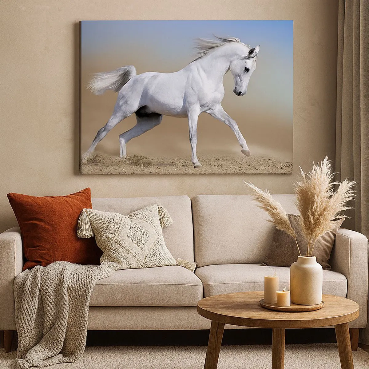 Cuadro sobre lienzo - Impresión de Imagen - Un caballo blanco galopando a través de un paisaje desértico. - 70x50cm - El más bello cuento de hadas árabe - Decoración de pared moderna para salón y dormitorio ARTTOR