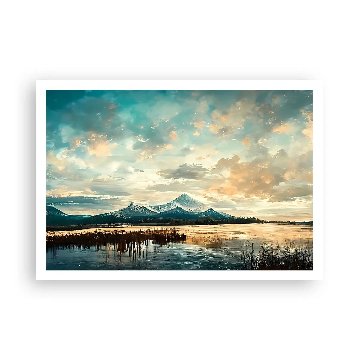 Póster - Un paisaje pintoresco con una montaña y un lago tranquilo. - 100x70cm - Bajo la protección del cielo - Decoración de pared moderna para salón y dormitorio ARTTOR