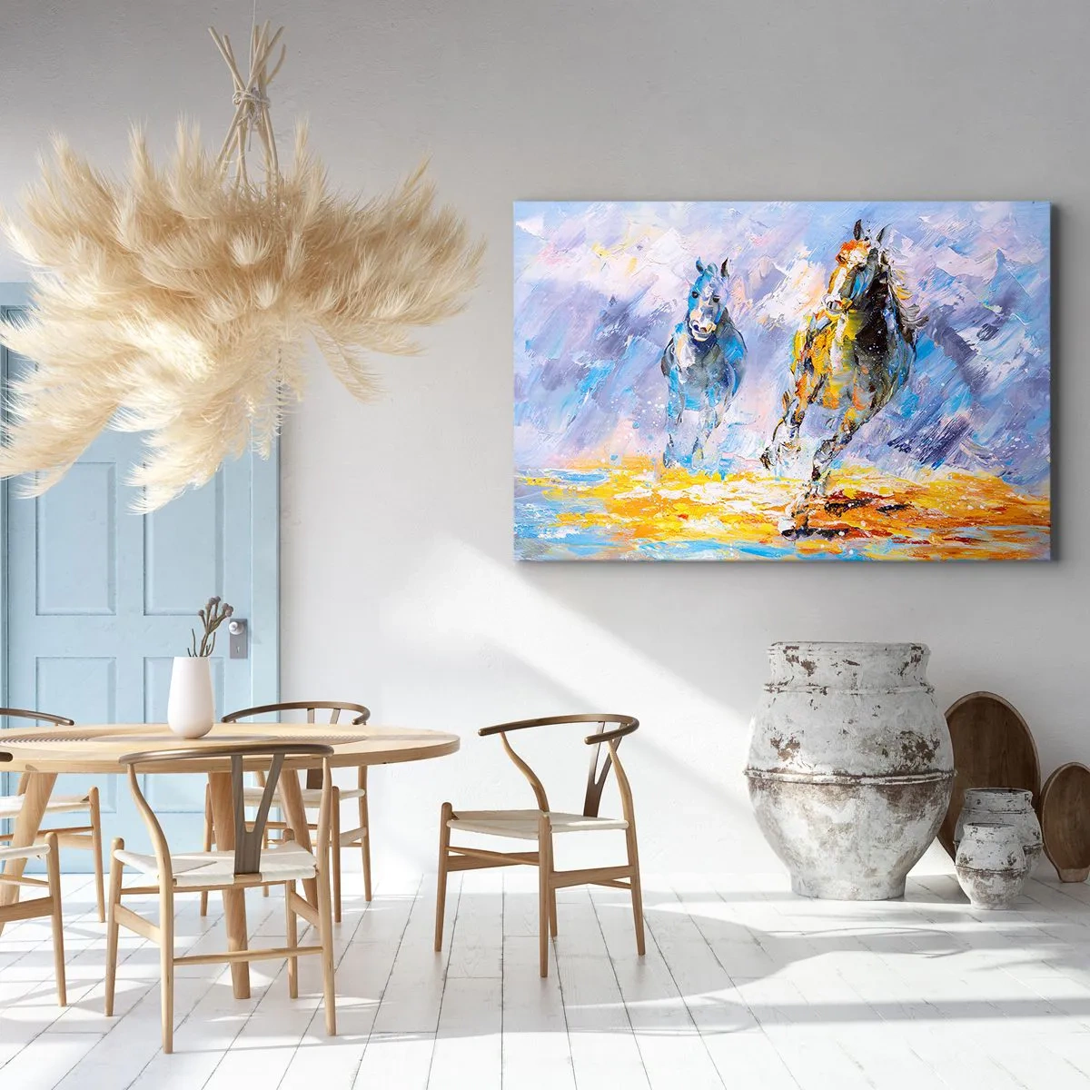 Cuadro sobre lienzo - Impresión de Imagen - Dos caballos en movimiento con el telón de fondo de un paisaje abstracto. - 120x80cm - Galopando a través del resplandor - Decoración de pared moderna para salón y dormitorio ARTTOR