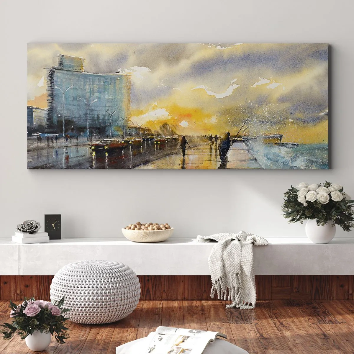 Cuadro sobre lienzo - Impresión de Imagen - Una vista pintoresca del paseo marítimo al atardecer. - 160x50cm - Vida en la orilla - Decoración de pared moderna para salón y dormitorio ARTTOR