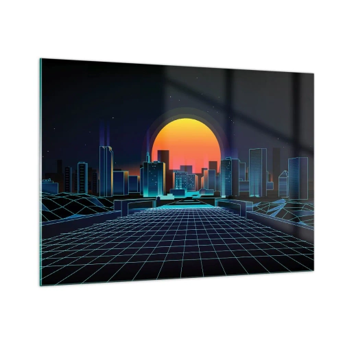 Cuadro sobre vidrio - Impresiones sobre Vidrio - Panorama de ciudad futurista con puesta de sol - 100x70cm - ¿Todavía deseas volver a la realidad? - Decoración de pared moderna para salón y dormitorio ARTTOR