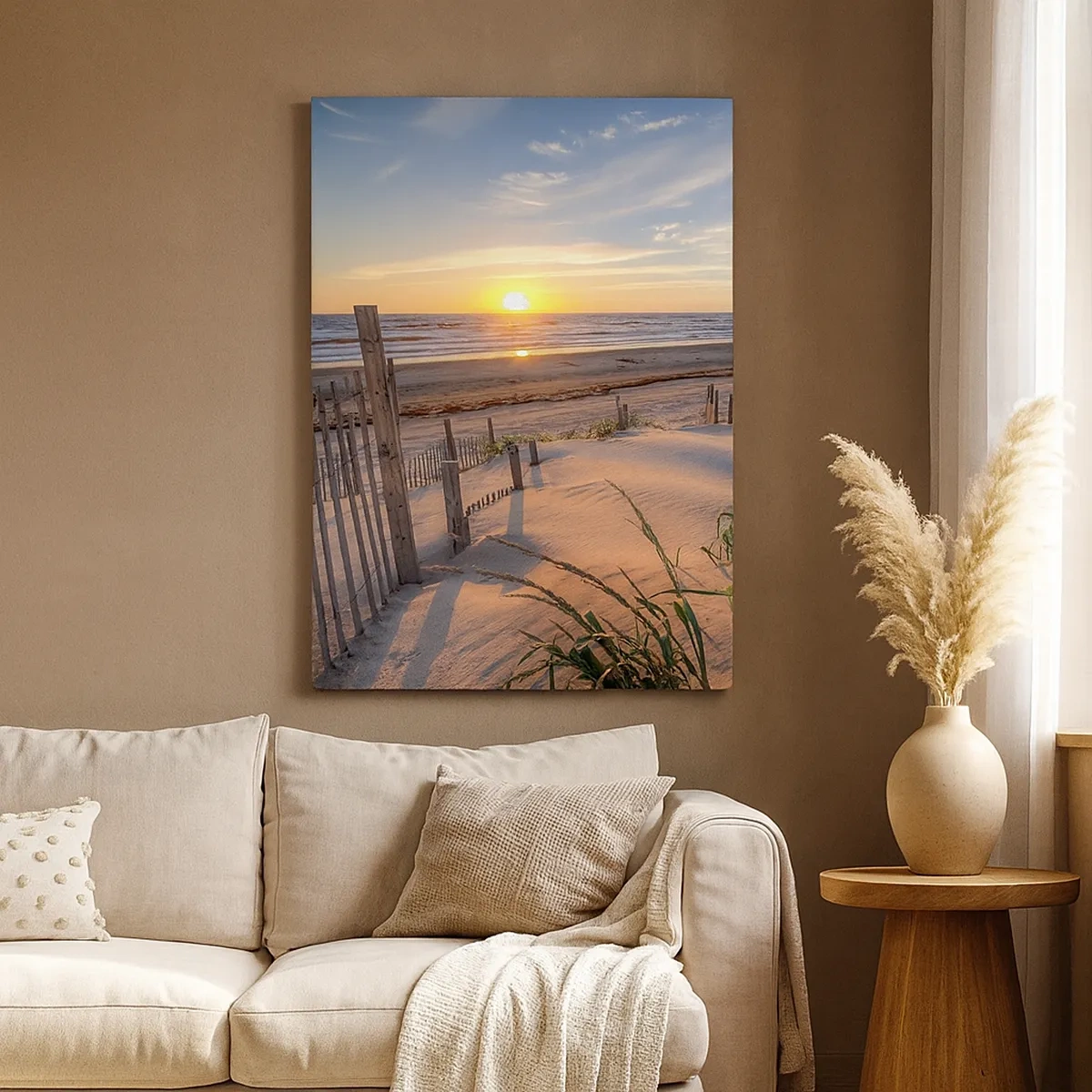Cuadro sobre lienzo - Impresión de Imagen - Playa al atardecer con valla de madera - 50x70cm - El resplandor y la sombra del viento - Decoración de pared moderna para salón y dormitorio ARTTOR