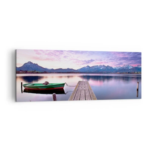 Cuadro sobre lienzo - Impresión de Imagen - Un muelle de madera con un barco en un lago rodeado de montañas al atardecer. - 140x50cm - Un silencio amistoso - Decoración de pared moderna para salón y dormitorio ARTTOR