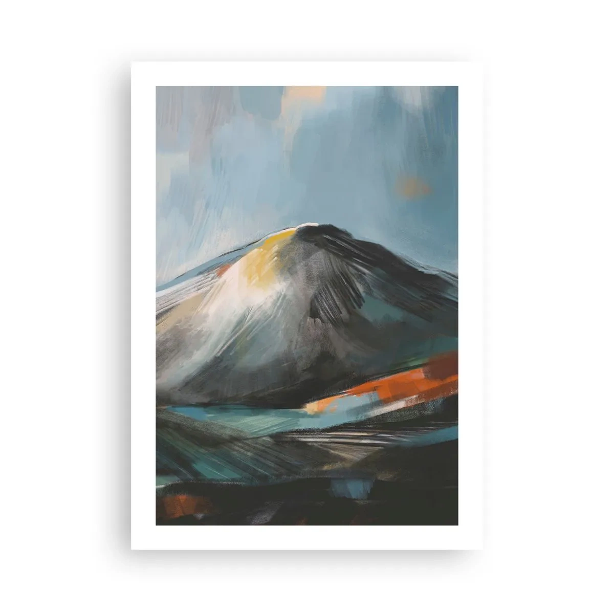 Póster - Paisaje montañoso abstracto en tonos azul marino y naranja. - 50x70cm - Crudo y bello - Decoración de pared moderna para salón y dormitorio ARTTOR