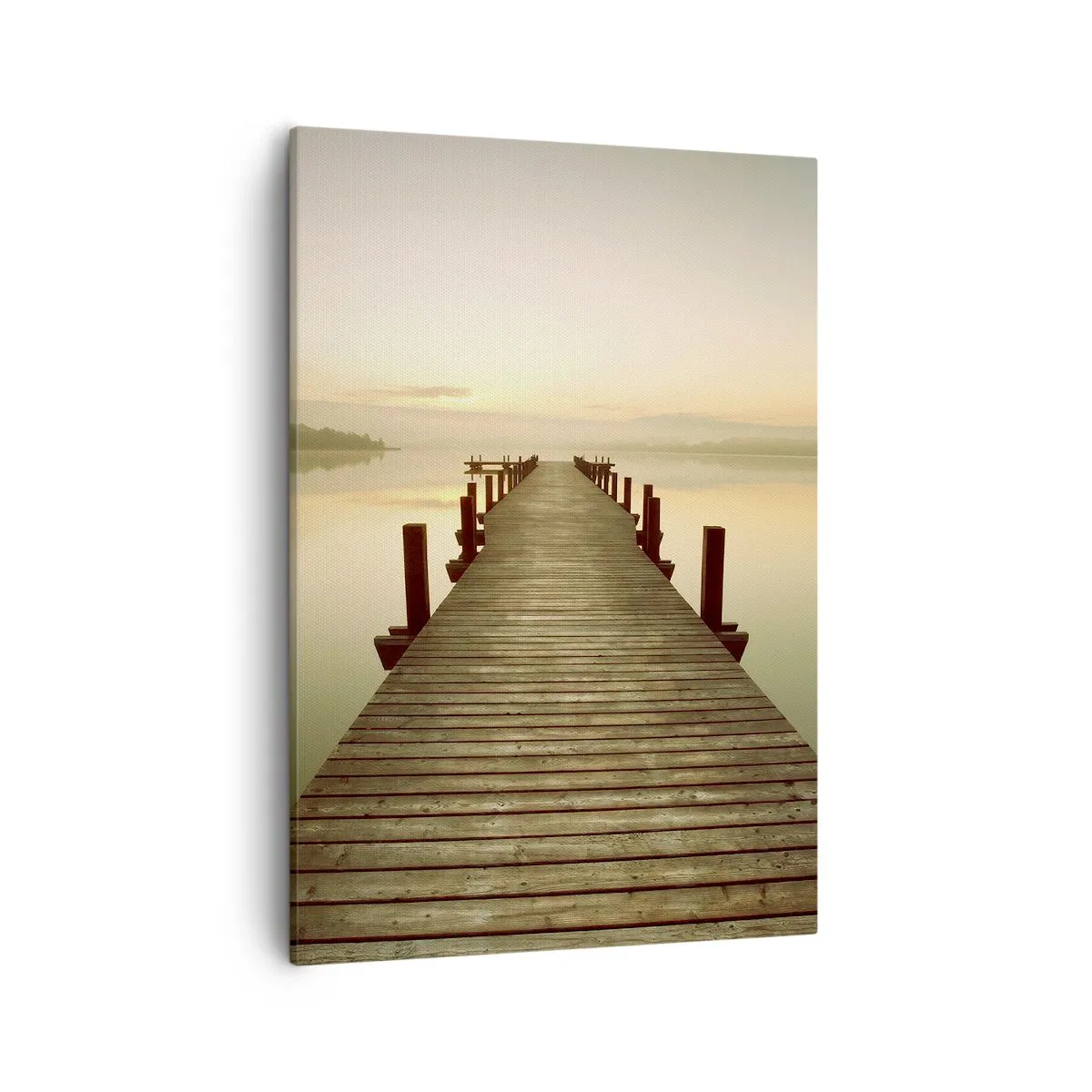 Cuadro sobre lienzo - Impresión de Imagen - Un embarcadero de madera en un lago tranquilo por la mañana. - 50x70cm - Antes del amanecer, al amanecer, la luz - Decoración de pared moderna para salón y dormitorio ARTTOR