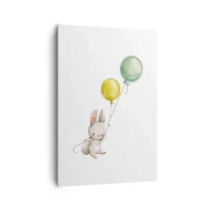 Cuadro sobre lienzo - Impresión de Imagen - Un conejo sosteniendo globos de colores pastel. - 70x100cm - ¡Yo también volaré! - Decoración de pared moderna para salón y dormitorio ARTTOR