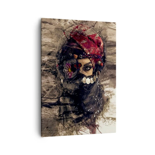 Cuadro sobre lienzo - Impresión de Imagen - Retrato artístico de una mujer con atuendo oriental sobre un fondo abstracto. - 50x70cm - Inquietante, como mínimo - Decoración de pared moderna para salón y dormitorio ARTTOR