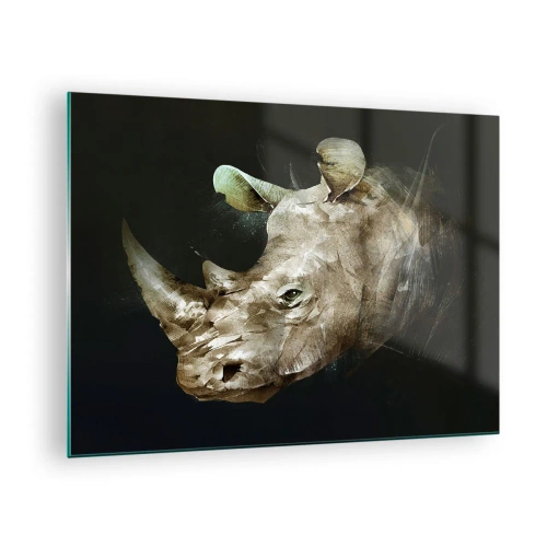 Cuadro sobre vidrio - Impresiones sobre Vidrio - Representación artística de una cabeza de rinoceronte sobre un fondo oscuro. - 70x50cm - La verdadera fuerza - Decoración de pared moderna para salón y dormitorio ARTTOR