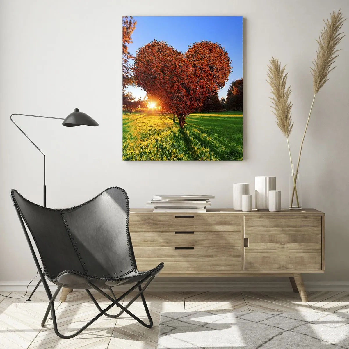 Cuadro sobre vidrio - Impresiones sobre Vidrio - Un árbol en forma de corazón en un paisaje otoñal. - 70x100cm - Y cómo no amar el otoño - Decoración de pared moderna para salón y dormitorio ARTTOR