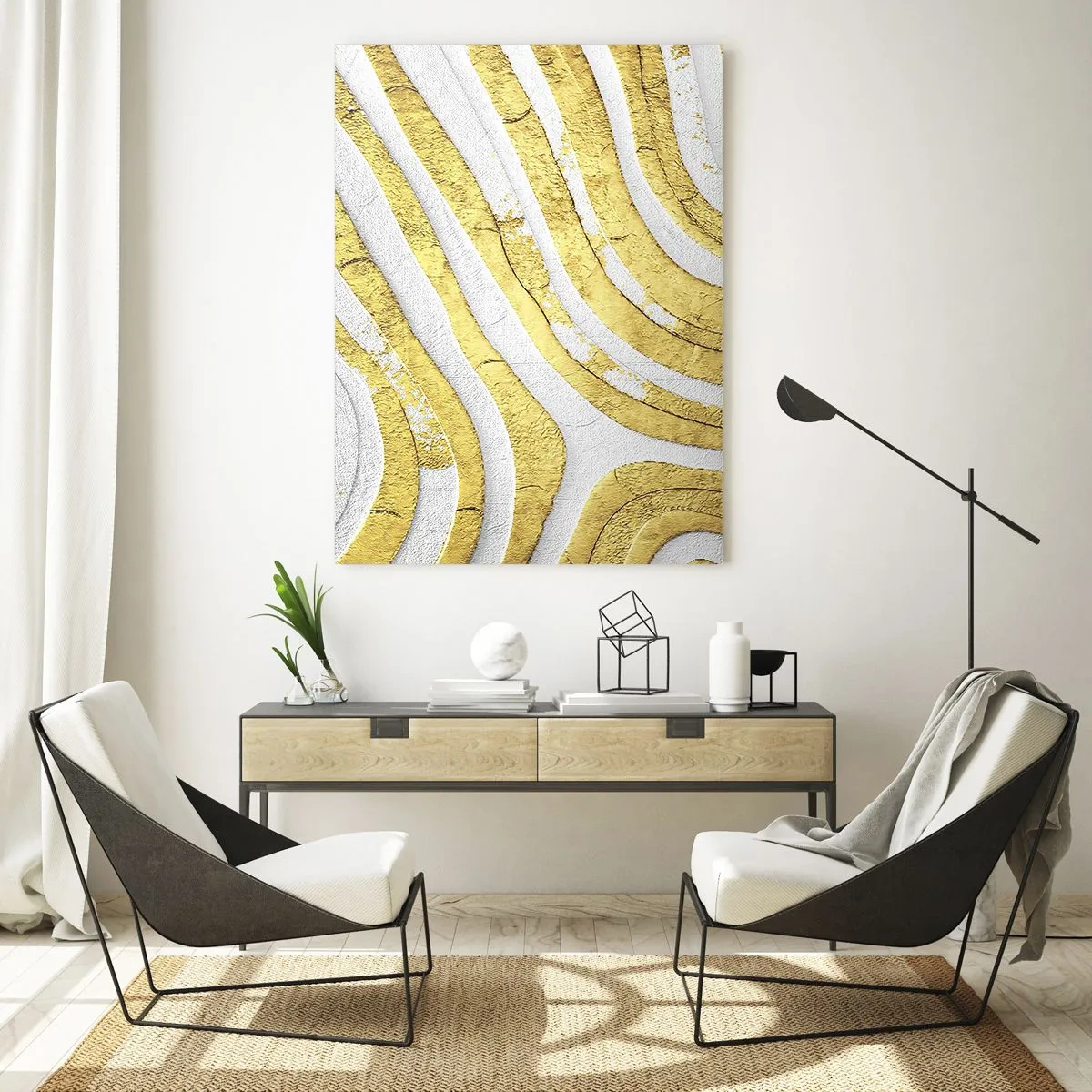 Cuadro sobre vidrio - Impresiones sobre Vidrio - Líneas abstractas doradas y blancas en una textura 3D - 70x100cm - Una composición en blanco y oro - Decoración de pared moderna para salón y dormitorio ARTTOR
