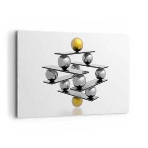 Cuadro sobre lienzo - Impresión de Imagen - Composición geométrica con bolas de metal y acento dorado. - 120x80cm - Balance de oro y plata - Decoración de pared moderna para salón y dormitorio ARTTOR