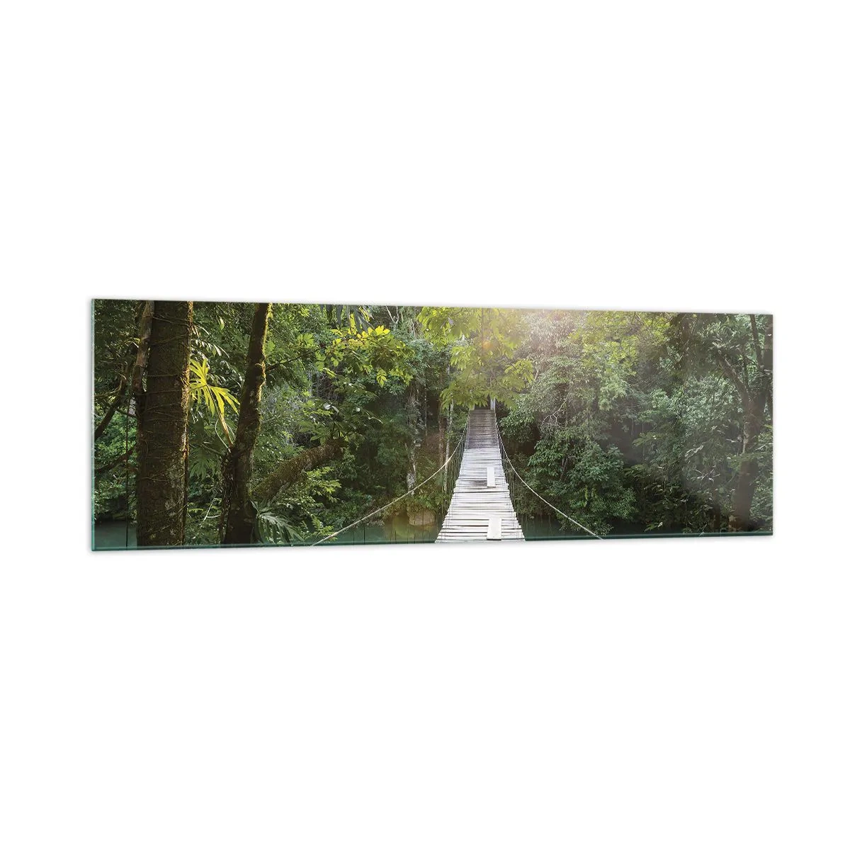 Cuadro sobre vidrio - Impresiones sobre Vidrio - Un puente colgante en un bosque tropical iluminado por la luz del sol. - 160x50cm - Sobre el agua azul hacia el bosque - Decoración de pared moderna para salón y dormitorio ARTTOR