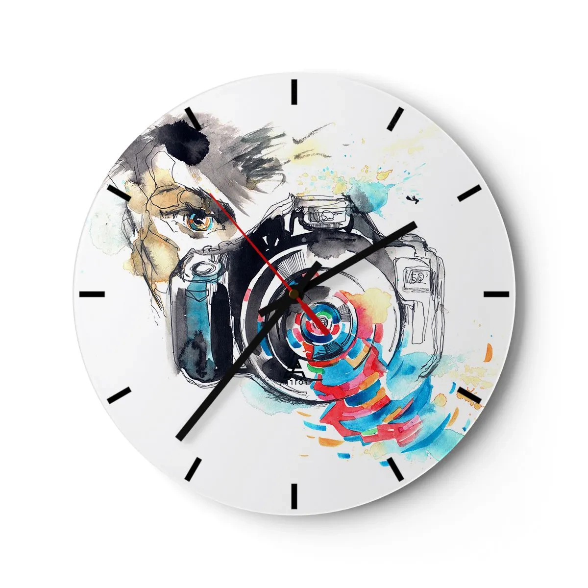 Reloj de pared - Reloj de vidrio - Motivo artístico de cámara con efecto visual colorido. - 30x30cm - En el objetivo - Decoración de pared moderna para salón, cocina y dormitorio ARTTOR