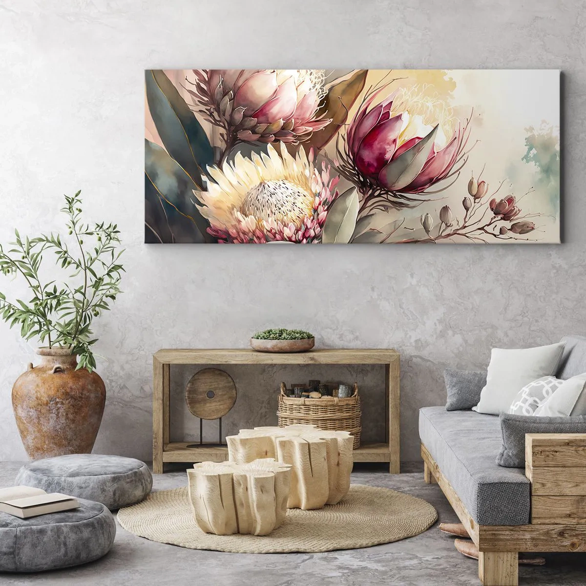 Cuadro sobre lienzo - Impresión de Imagen - Flores de protea en delicados tonos pastel. - 160x50cm - De perfil y de frente - Decoración de pared moderna para salón y dormitorio ARTTOR
