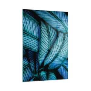 Cuadro sobre vidrio - Impresiones sobre Vidrio - Un primer plano de hojas turquesas con una textura intensa. - 50x70cm - Líneas de vida - Decoración de pared moderna para salón y dormitorio ARTTOR