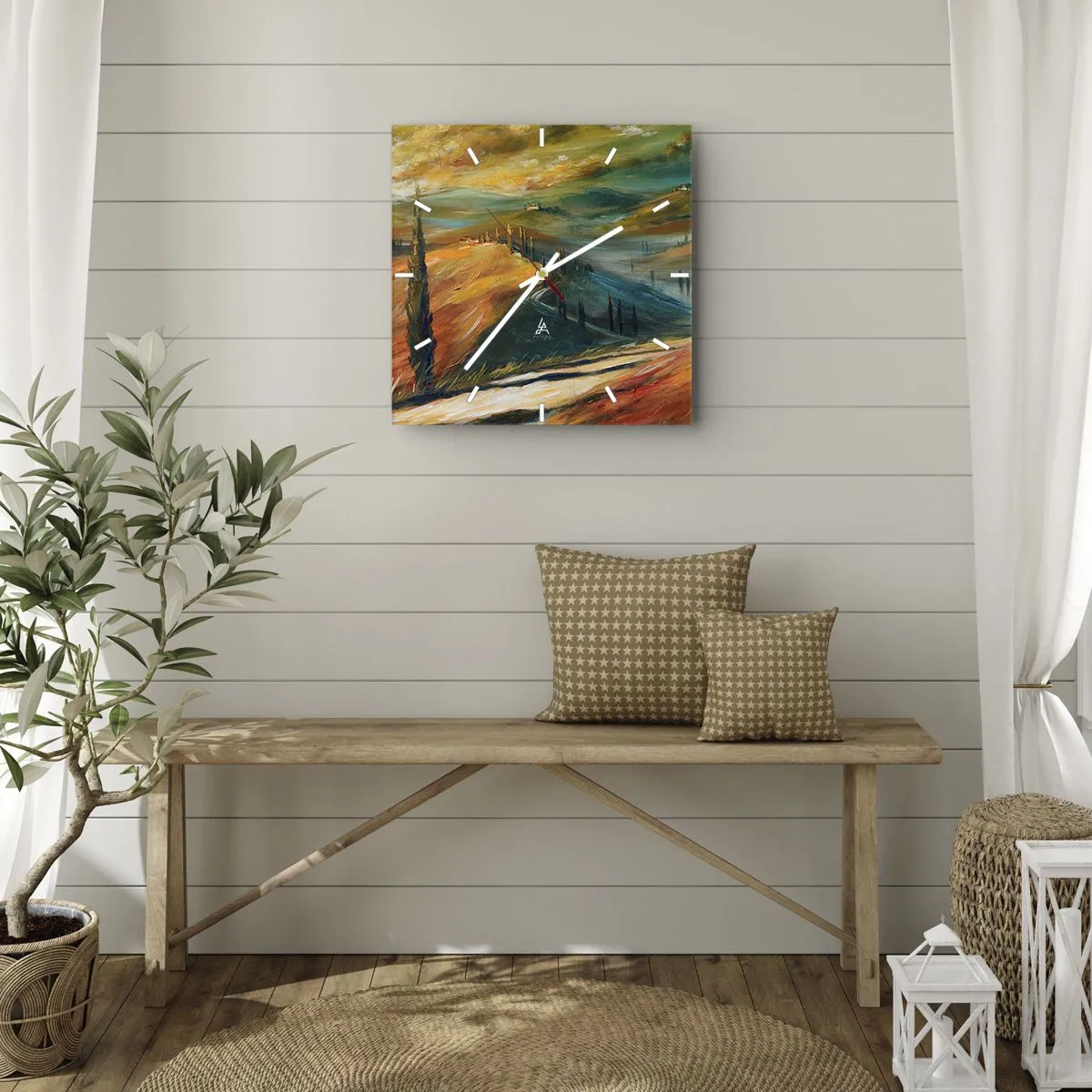 Reloj de pared - Reloj de vidrio - Paisaje toscano con campos, camino y cipreses. - 30x30cm - Paisaje toscano - Decoración de pared moderna para salón y dormitorio ARTTOR