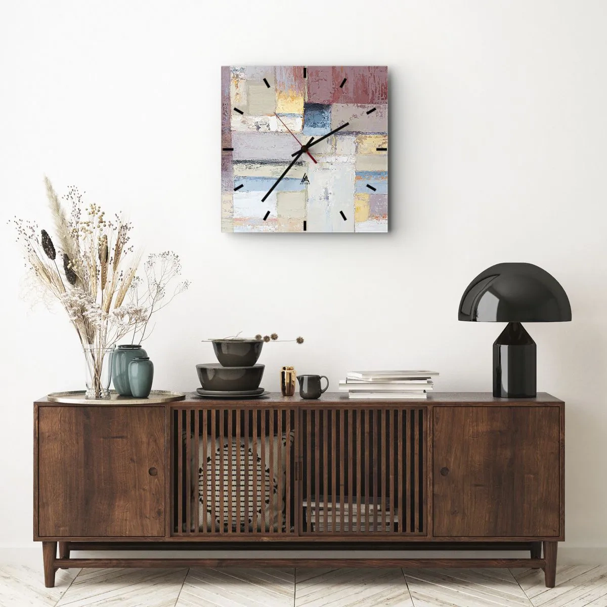 Reloj de pared - Reloj de vidrio - Composición geométrica en colores pastel - 30x30cm - La tranquilidad de la geometría - Decoración de pared moderna para salón y dormitorio ARTTOR