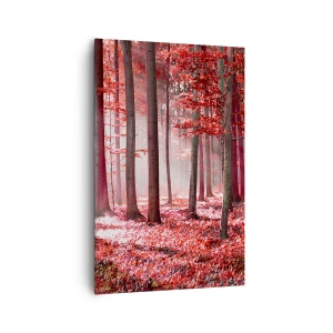 Cuadro sobre lienzo - Impresión de Imagen - Un impresionante bosque en tonos rojos con rayos de luz que penetran a través de los árboles. - 80x120cm - Rojo como el que más - Decoración de pared moderna para salón y dormitorio ARTTOR