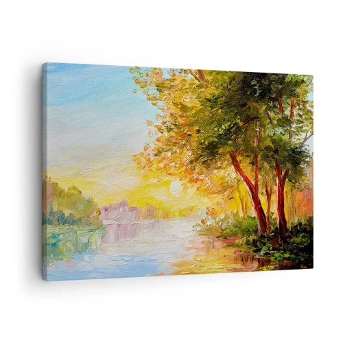 Cuadro sobre lienzo - Impresión de Imagen - Un paisaje pintoresco con un río y árboles al atardecer. - 70x50cm - Ensueño - Decoración de pared moderna para salón y dormitorio ARTTOR