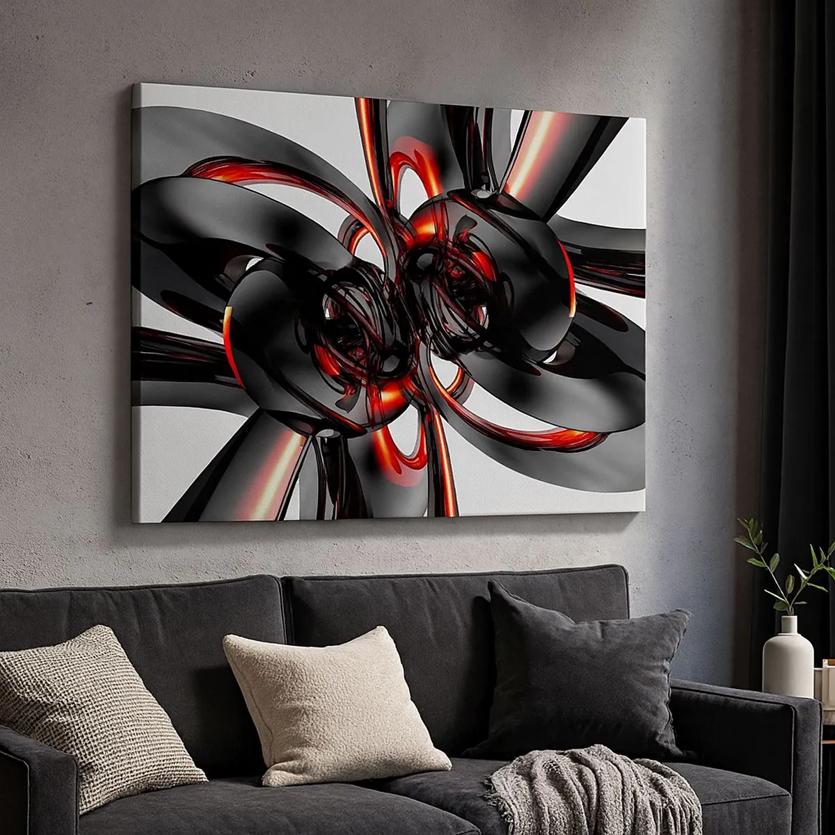 Cuadro sobre lienzo - Impresión de Imagen - Gráficos 3D abstractos con elementos negros y rojos - 70x50cm - Movimiento en grafito y rojo - Decoración de pared moderna para salón y dormitorio ARTTOR