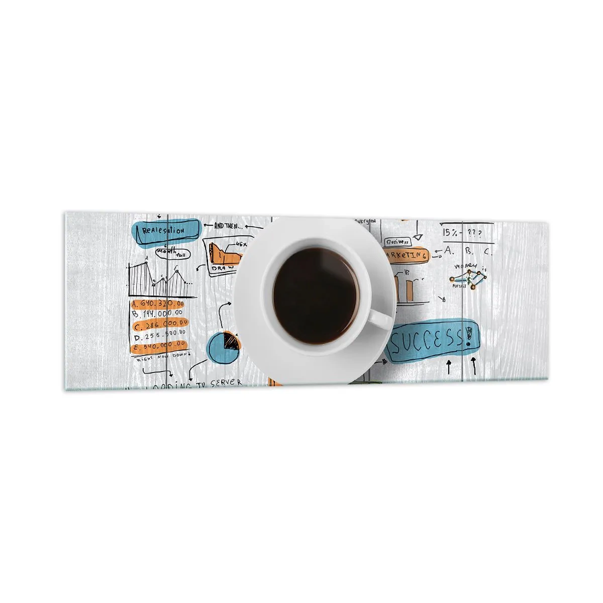 Cuadro sobre vidrio - Impresiones sobre Vidrio - Una taza de café sobre el fondo de un dibujo conceptual. - 160x50cm - Tiempo de descanso - Decoración de pared moderna para salón y dormitorio ARTTOR