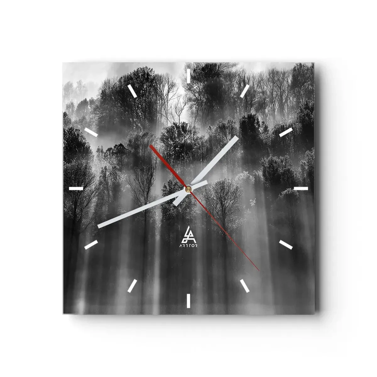 Reloj de pared - Reloj de vidrio - Bosque blanco y negro a la luz de la mañana. - 30x30cm - En los flujos de luz - Decoración de pared moderna para salón y dormitorio ARTTOR