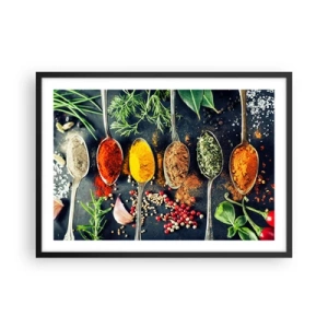 Póster en marco negro - Especias coloridas en cucharas con hierbas en el fondo. - 70x50cm - Magia culinaria - Decoración de pared moderna para salón y dormitorio ARTTOR