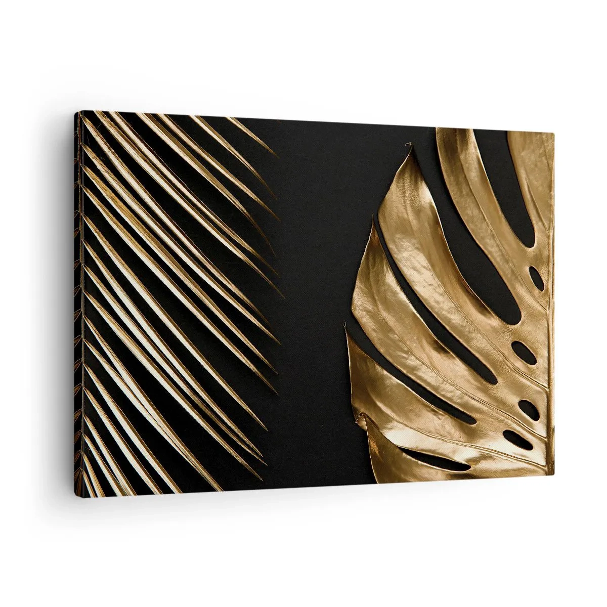 Cuadro sobre lienzo - Impresión de Imagen - Hojas doradas sobre fondo negro - 70x50cm - Diferente, e igualmente valioso - Decoración de pared moderna para salón y dormitorio ARTTOR