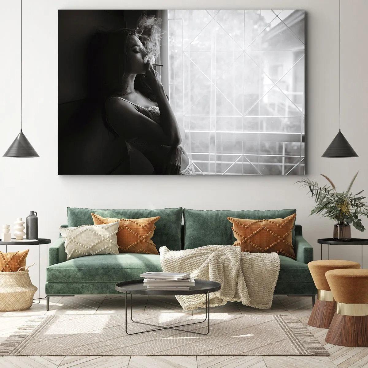 Cuadro sobre lienzo - Impresión de Imagen - Una mujer en una pose sensual en una fotografía en blanco y negro. - 70x50cm - Un momento sensual - Decoración de pared moderna para salón y dormitorio ARTTOR