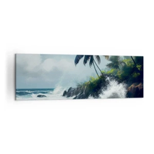 Cuadro sobre lienzo - Impresión de Imagen - Costa tropical con palmeras y mar agitado. - 160x50cm - En una costa tropical - Decoración de pared moderna para salón y dormitorio ARTTOR