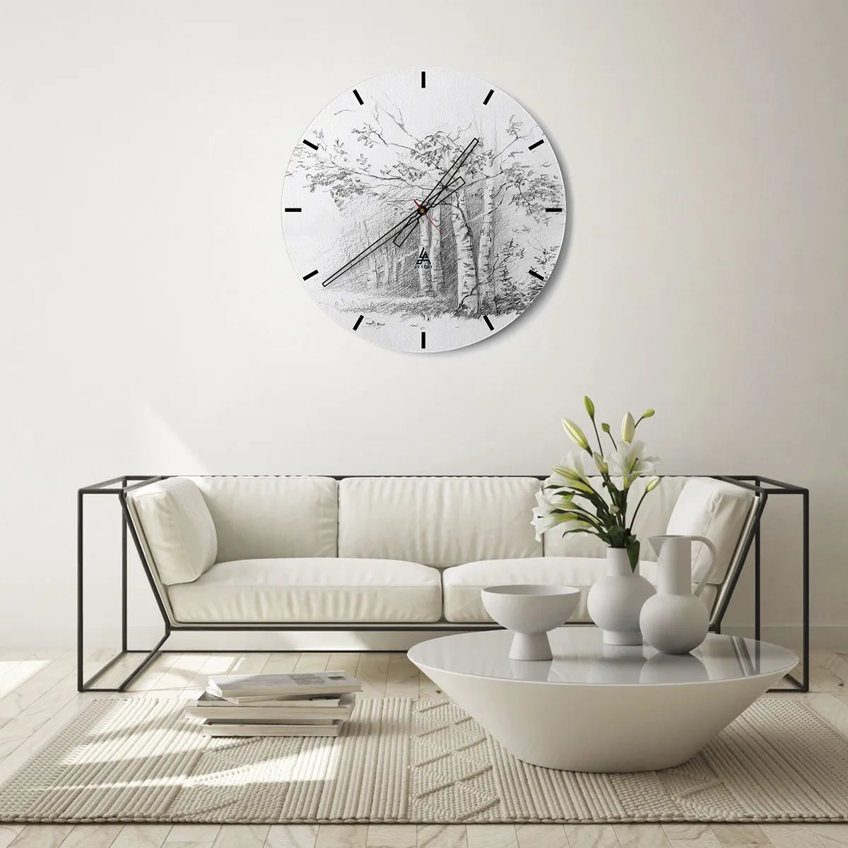 Reloj de pared - Reloj de vidrio - Un dibujo a lápiz de árboles en un paisaje forestal. - 30x30cm - La luz de un bosque de abedules - Decoración de pared moderna para salón, cocina y dormitorio ARTTOR
