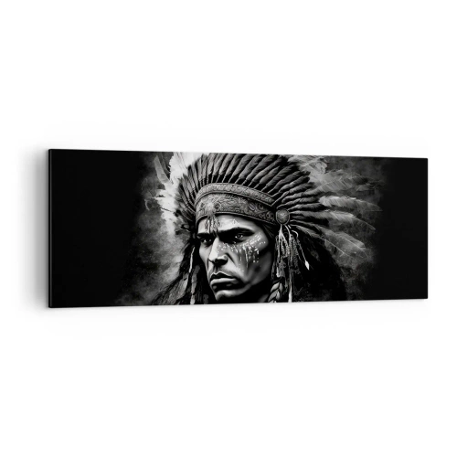 Cuadro sobre lienzo - Impresión de Imagen - Retrato de un jefe con un tocado de plumas sobre un fondo negro - 140x50cm - Líder y guerrero - Decoración de pared moderna para salón y dormitorio ARTTOR
