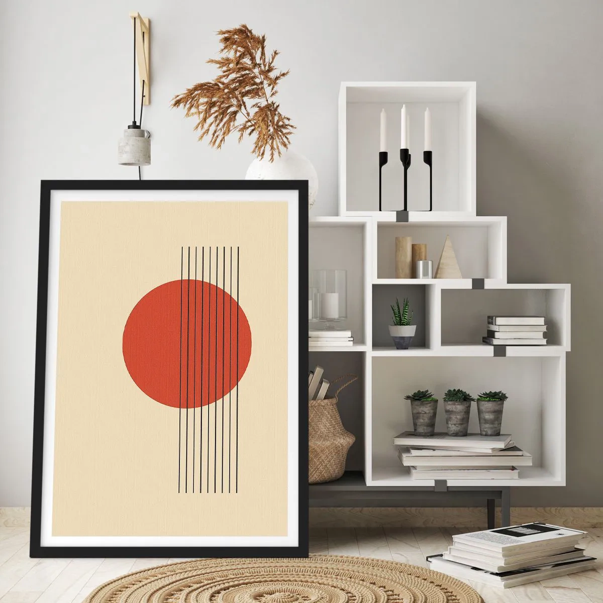 Póster en marco negro - Composición geométrica con un círculo rojo. - 50x70cm - Cruzando el círculo - Decoración de pared moderna para salón y dormitorio ARTTOR
